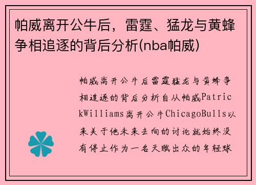 帕威离开公牛后，雷霆、猛龙与黄蜂争相追逐的背后分析(nba帕威)