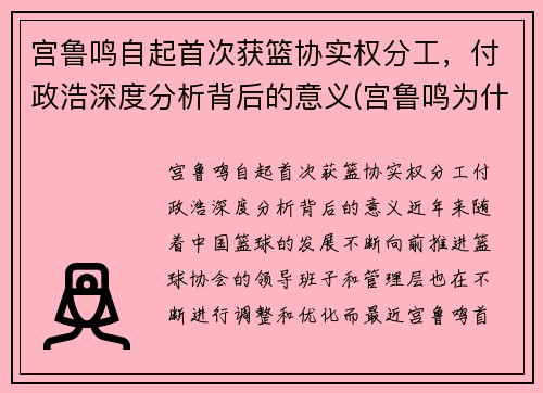 宫鲁鸣自起首次获篮协实权分工，付政浩深度分析背后的意义(宫鲁鸣为什么不带cba)