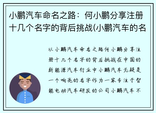 小鹏汽车命名之路：何小鹏分享注册十几个名字的背后挑战(小鹏汽车的名字怎么取得)