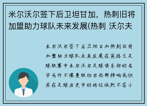 米尔沃尔签下后卫坦甘加，热刺旧将加盟助力球队未来发展(热刺 沃尔夫)