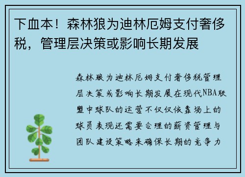 下血本！森林狼为迪林厄姆支付奢侈税，管理层决策或影响长期发展