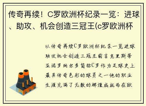 传奇再续！C罗欧洲杯纪录一览：进球、助攻、机会创造三冠王(c罗欧洲杯赛场创纪录)