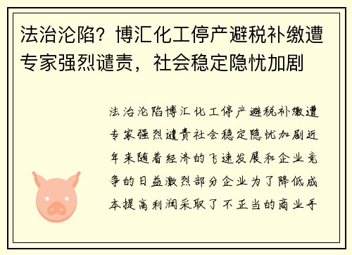 法治沦陷？博汇化工停产避税补缴遭专家强烈谴责，社会稳定隐忧加剧