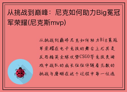 从挑战到巅峰：尼克如何助力Big冕冠军荣耀(尼克斯mvp)