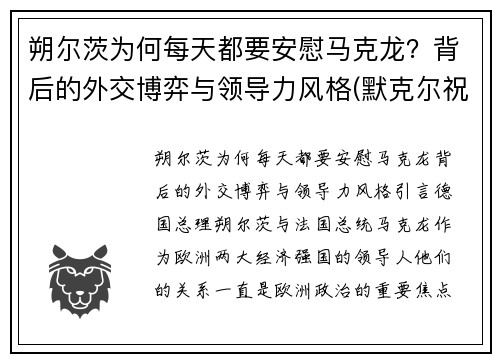 朔尔茨为何每天都要安慰马克龙？背后的外交博弈与领导力风格(默克尔祝贺朔尔茨胜选)