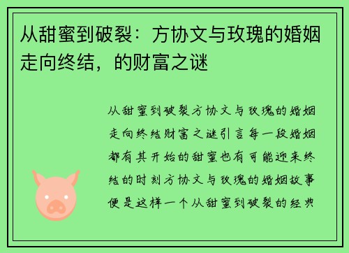 从甜蜜到破裂：方协文与玫瑰的婚姻走向终结，的财富之谜