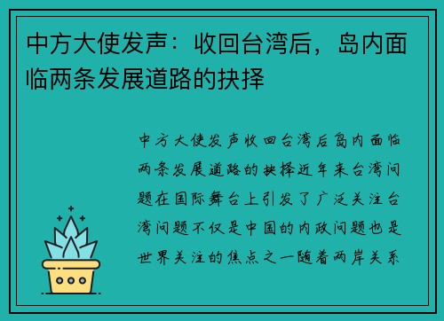 中方大使发声：收回台湾后，岛内面临两条发展道路的抉择